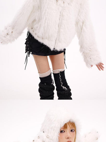 CFIERCE Studded Rabbit Ear Jacket V Neck T Shirt Long Sleeve