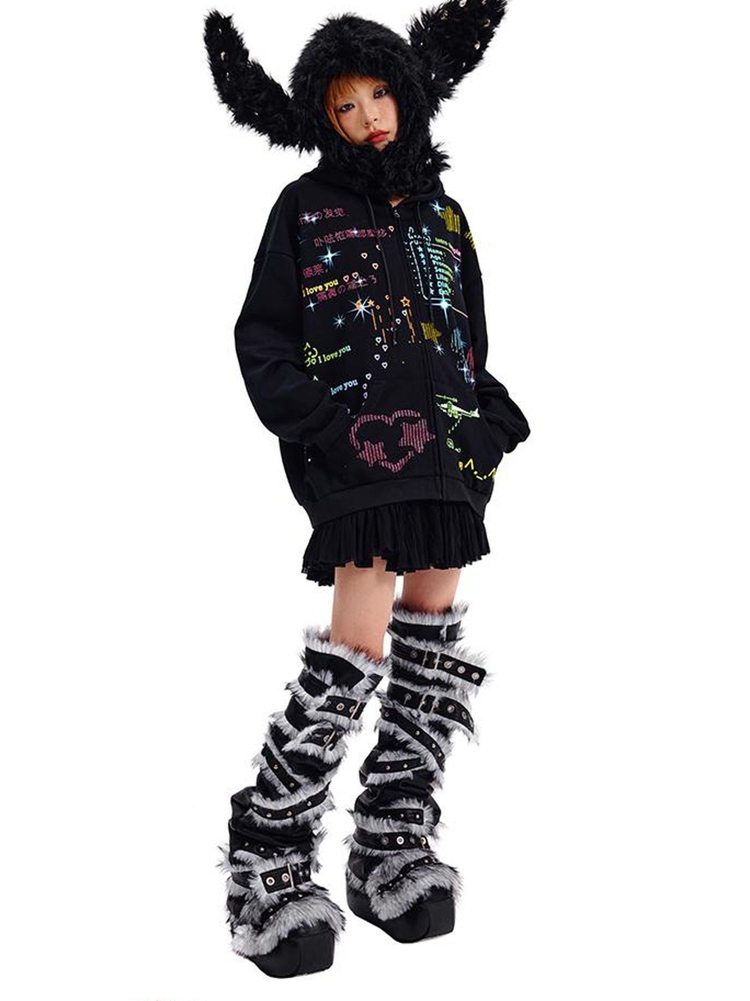 CFIERCE Studded Rabbit Ear Knit Cap