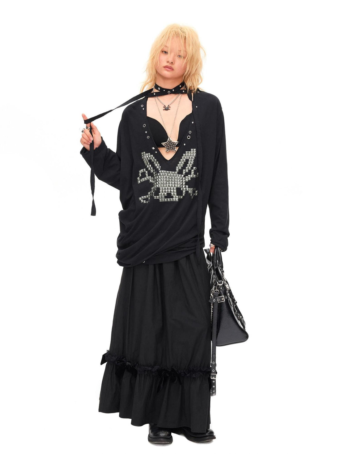 CFIERCE Studded Rabbit Skull Deep V Ruched Women&
