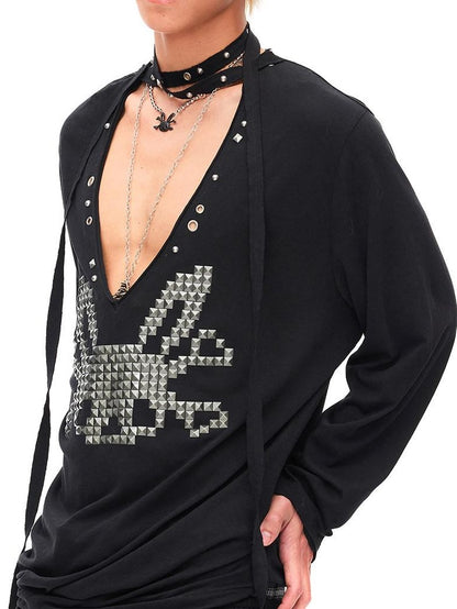 CFIERCE Studded Rabbit Skull Deep V Ruched Women&