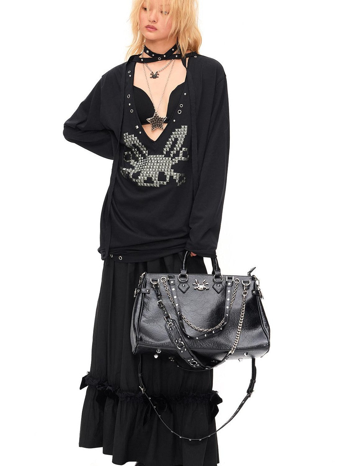 CFIERCE Studded Rabbit Skull Deep V Ruched Women&