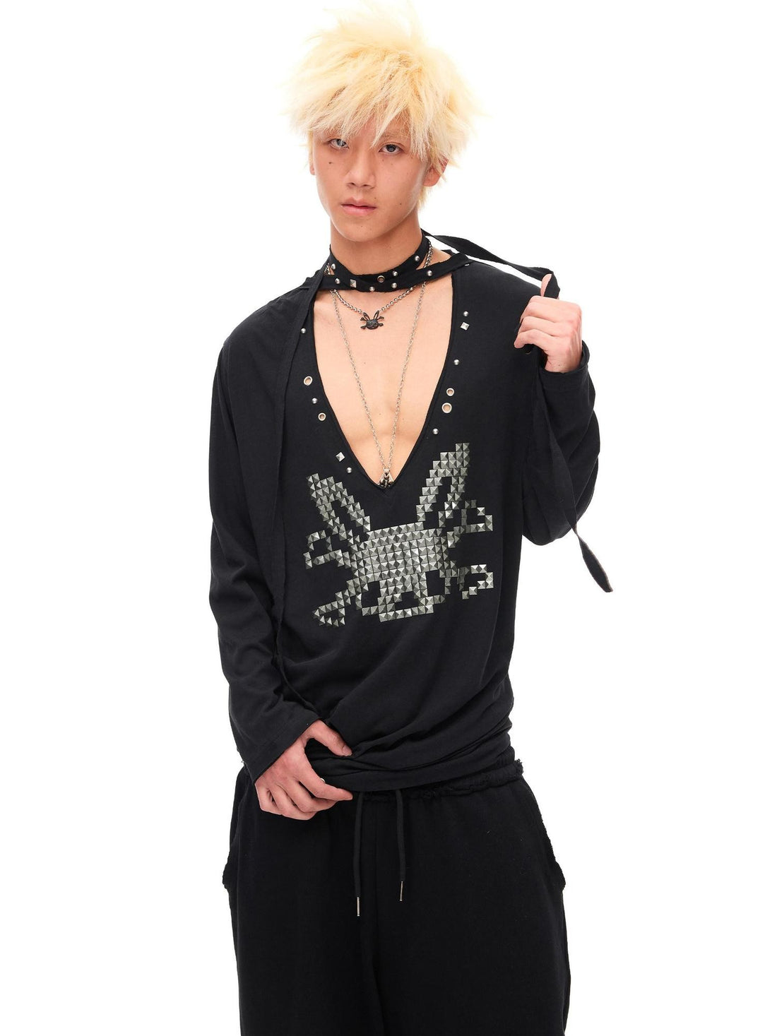 CFIERCE Studded Rabbit Skull Deep V Ruched Women&