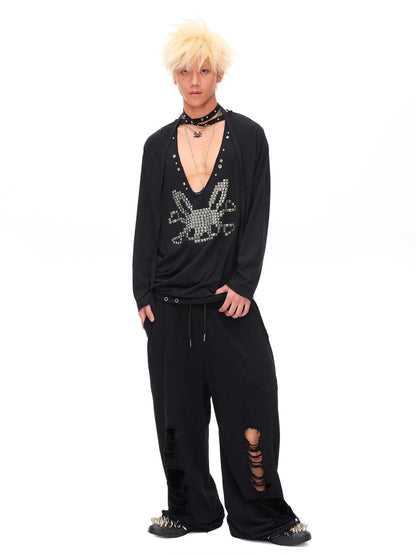 CFIERCE Studded Rabbit Skull Deep V Ruched Women&