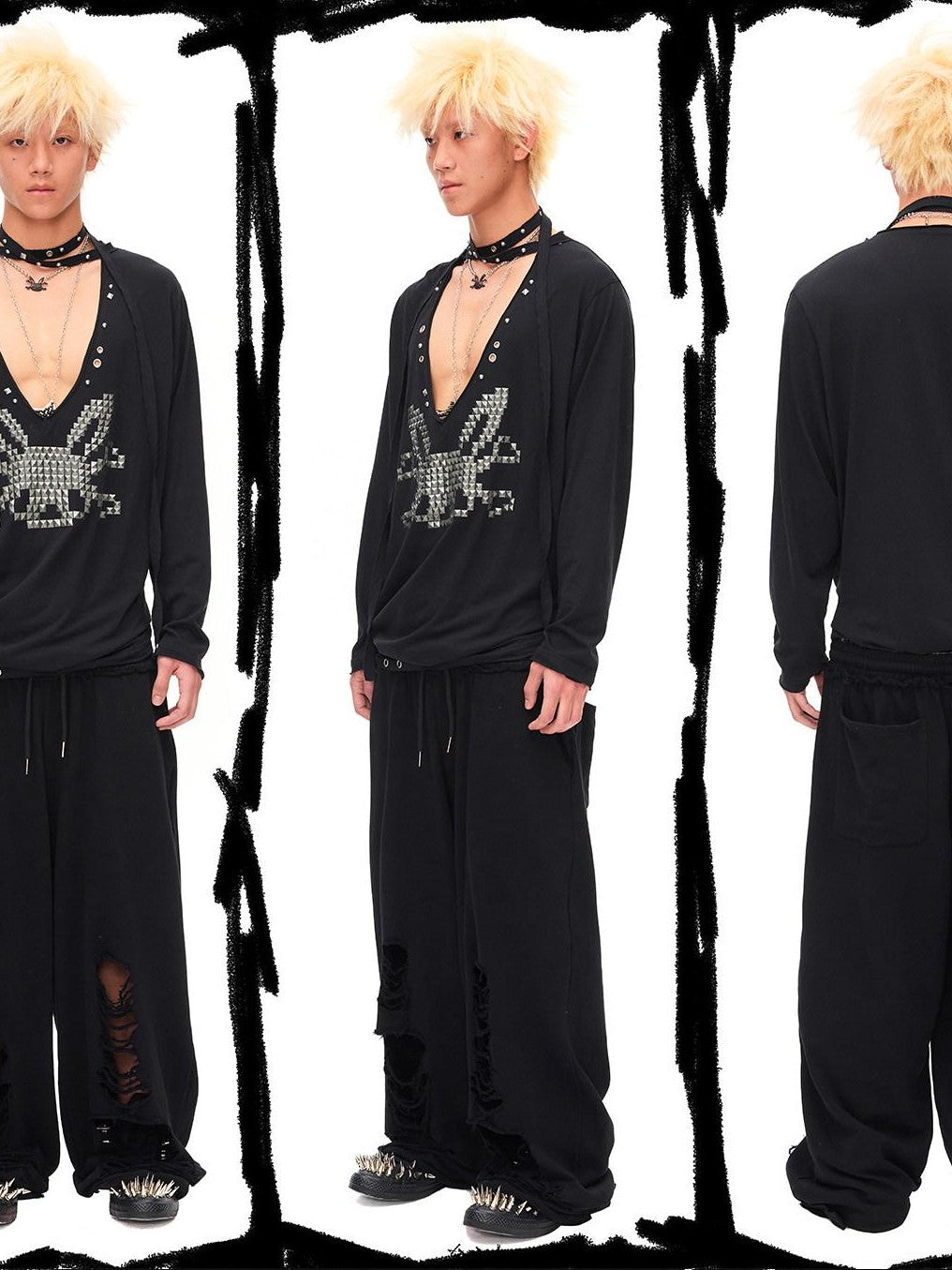 CFIERCE Studded Rabbit Skull Deep V Ruched Women&