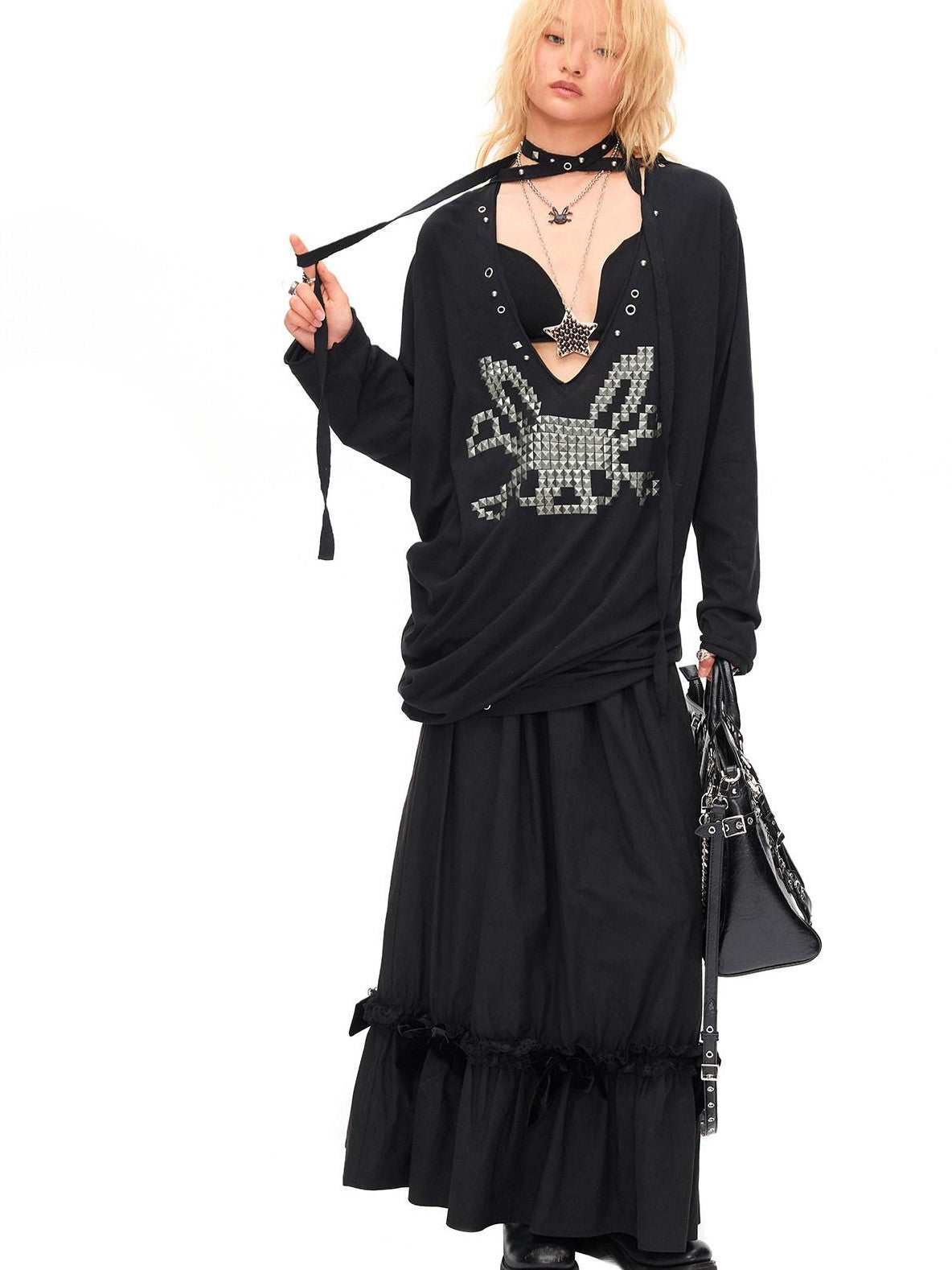 CFIERCE Studded Rabbit Skull Deep V Ruched Women&