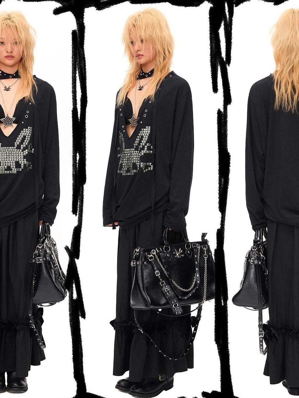 CFIERCE Studded Rabbit Skull Deep V Ruched Women&