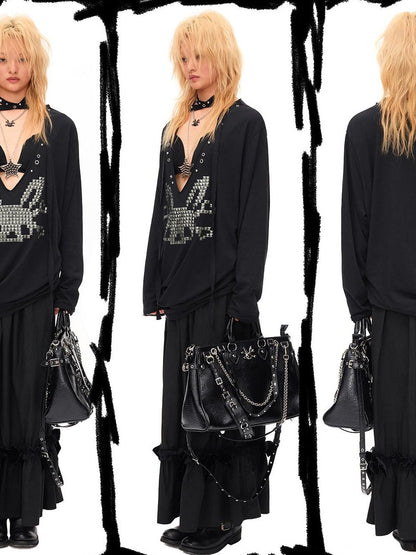 CFIERCE Studded Rabbit Skull Deep V Ruched Women&