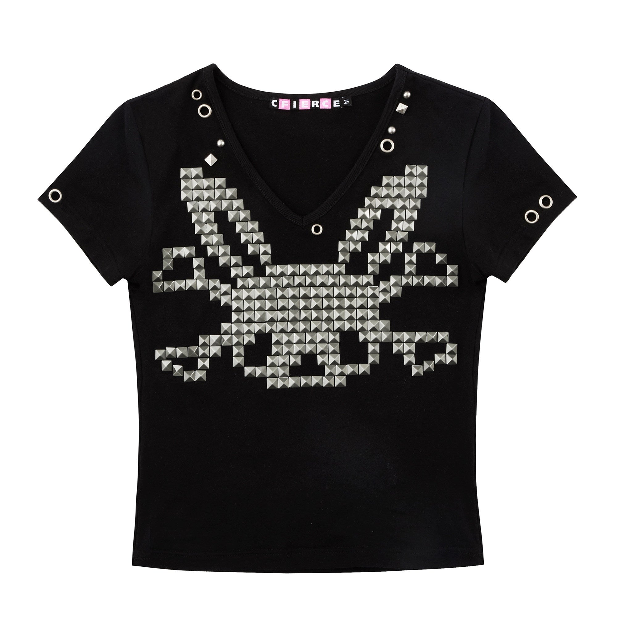 CFIERCE_Studded_Rabbit_Skull_V-neck_Slim_Fit_Women&