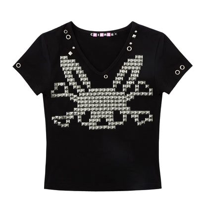 CFIERCE_Studded_Rabbit_Skull_V-neck_Slim_Fit_Women&