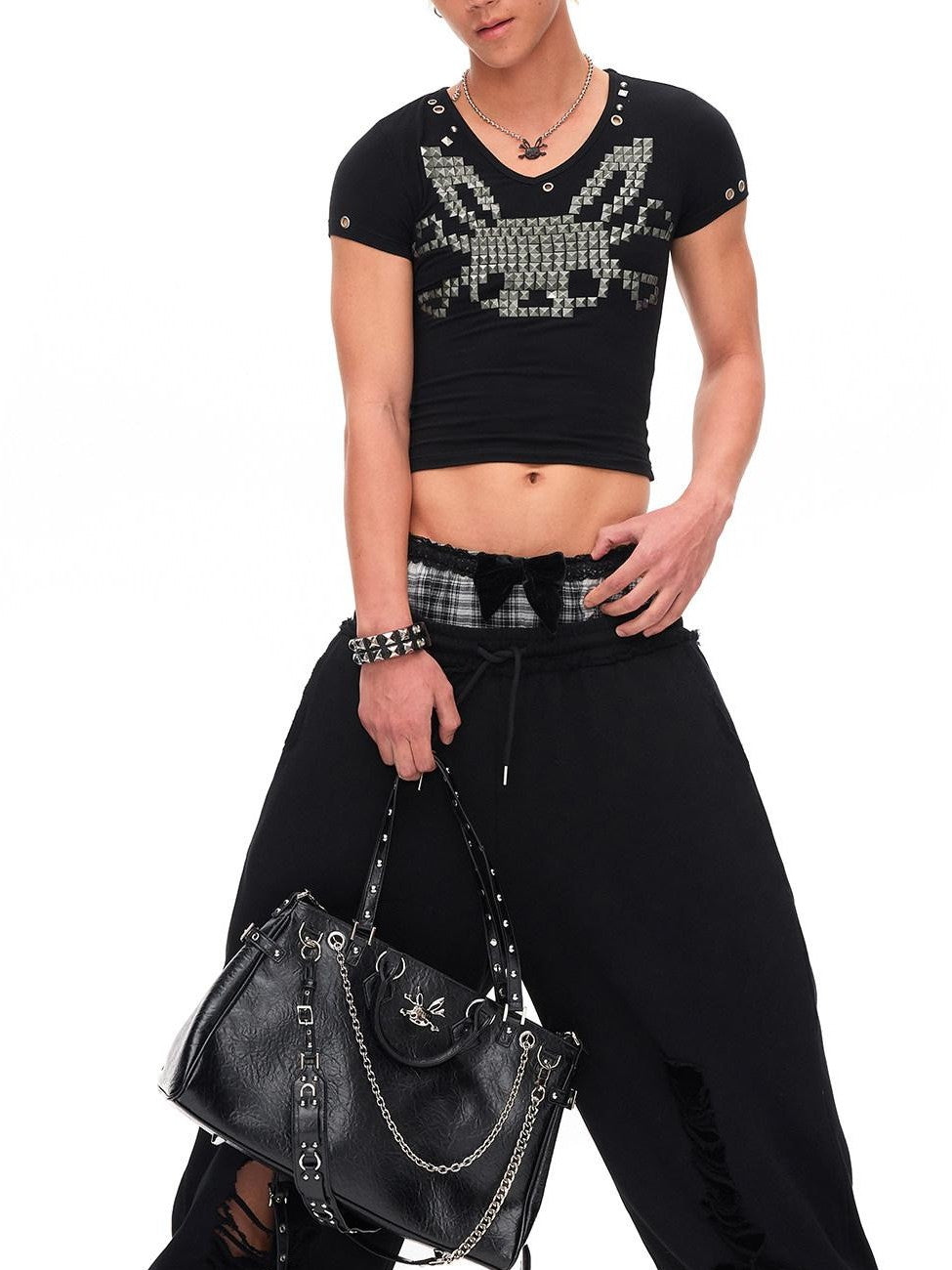 CFIERCE Studded Rabbit Skull V-neck Slim Fit Women&