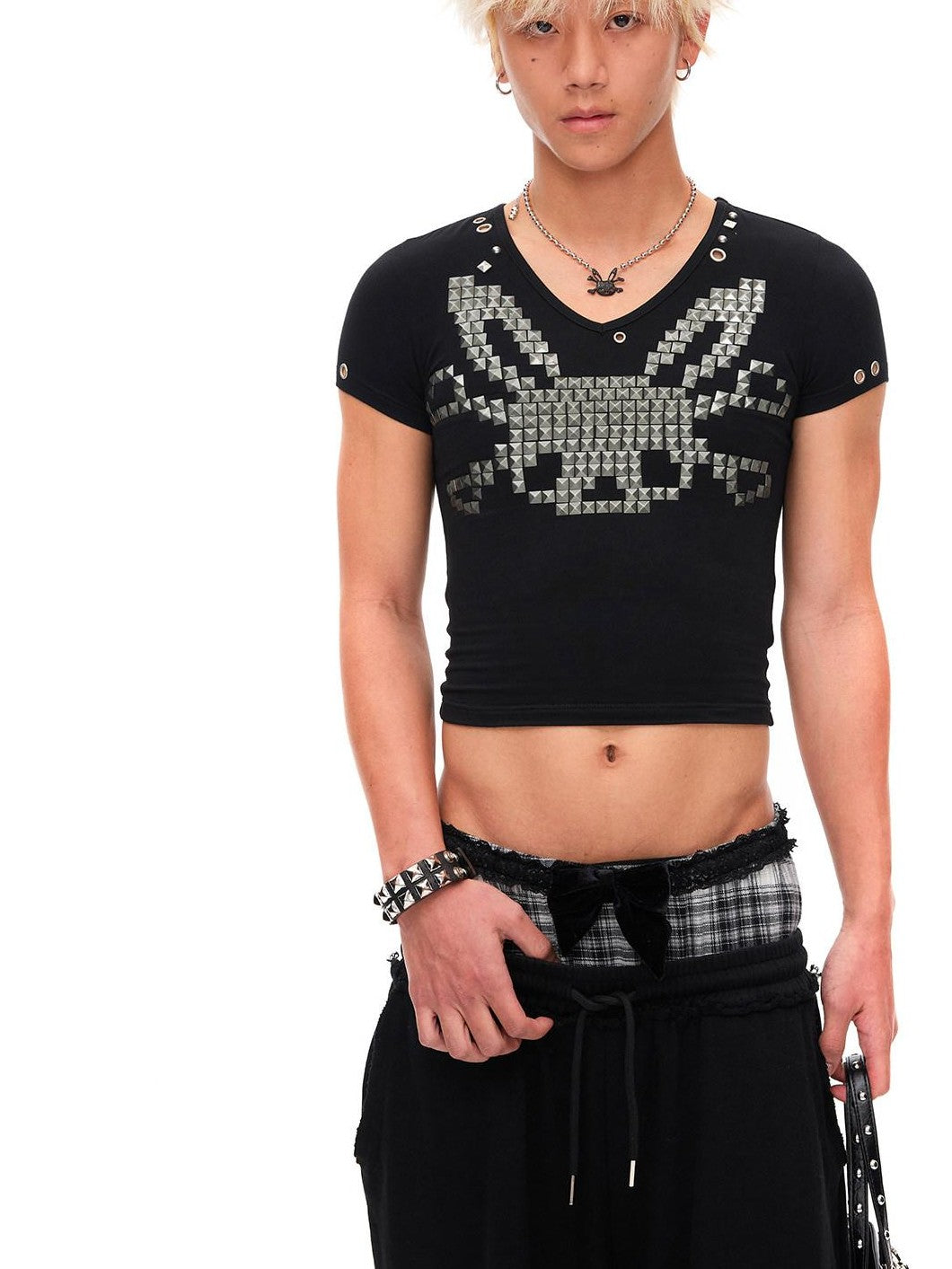 CFIERCE Studded Rabbit Skull V-neck Slim Fit Women&