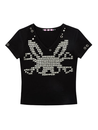 CFIERCE Studded Rabbit Skull V-neck Slim Fit Women&
