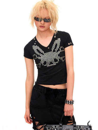 CFIERCE Studded Rabbit Skull V-neck Slim Fit Women&