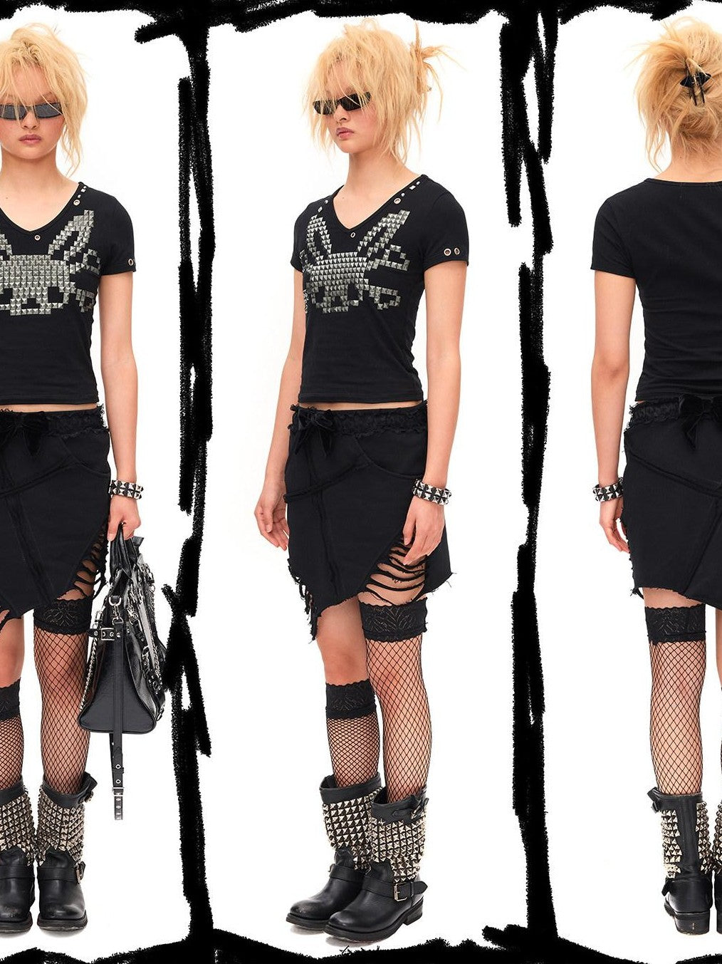CFIERCE Studded Rabbit Skull V-neck Slim Fit Women&