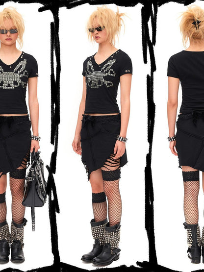 CFIERCE Studded Rabbit Skull V-neck Slim Fit Women&
