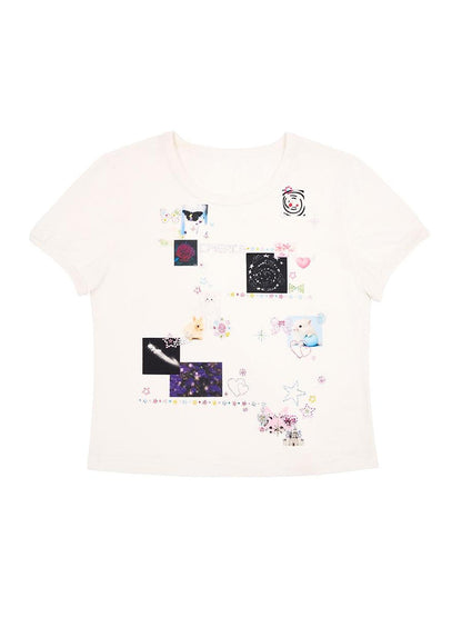 CFIERCE Tattoo Print Rhinestone Tee High Elastic Thick Opaque Stiff Fit