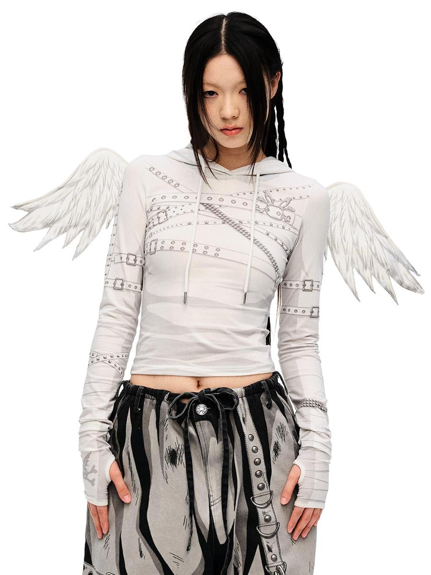 CFIERCE V-Neck T-Shirt Long-Sleeve Angel Wing Top