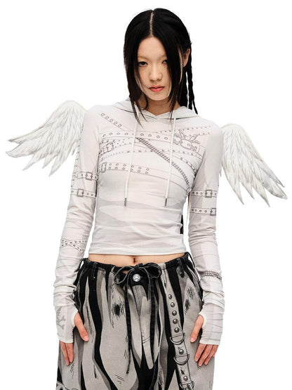 CFIERCE V-Neck T-Shirt Long-Sleeve Angel Wing Top