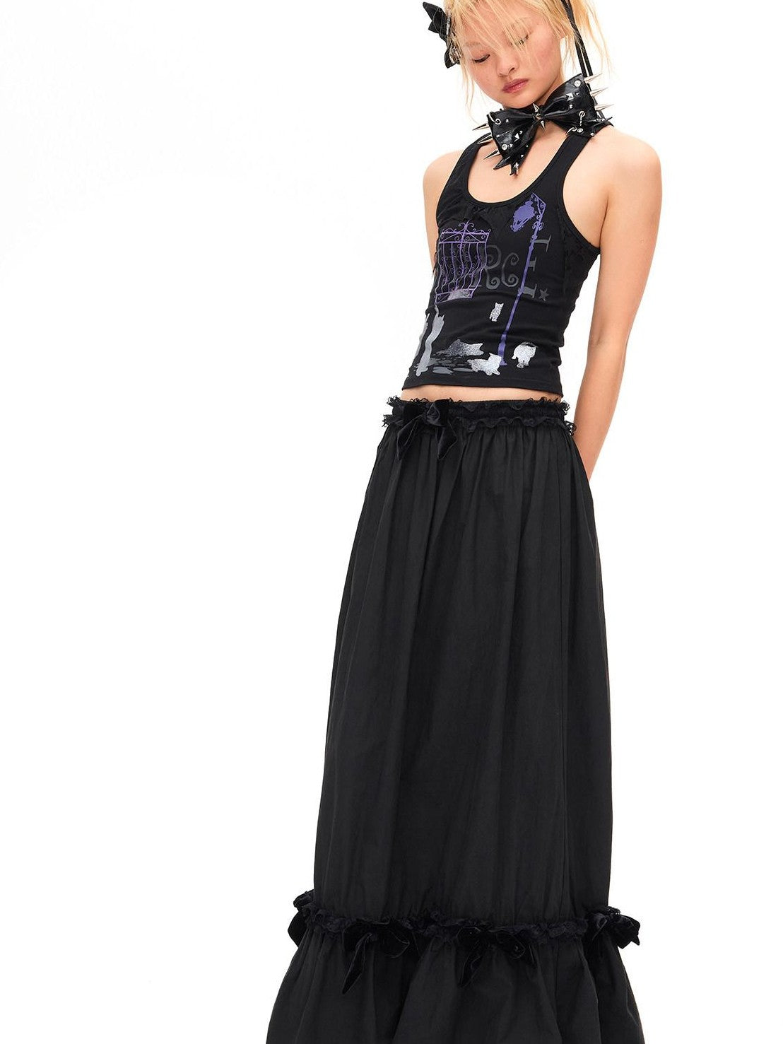 CFIERCE Velvet Bow Pleated Lace Mid Rise Straight Women&