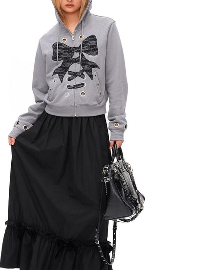 CFIERCE Velvet Bow Pleated Lace Mid Rise Straight Women&