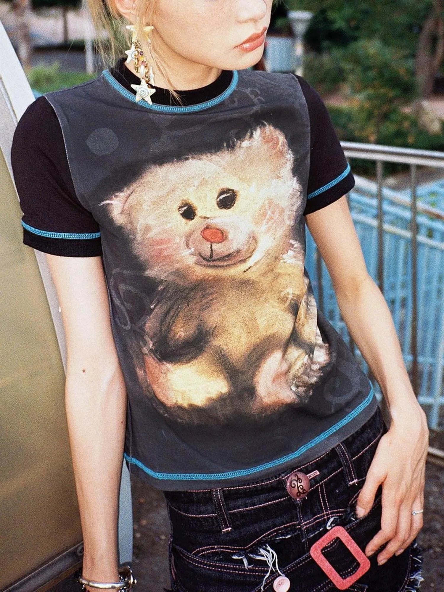 Vintage Bear Graphic Tee Distressed Print Washed Effect