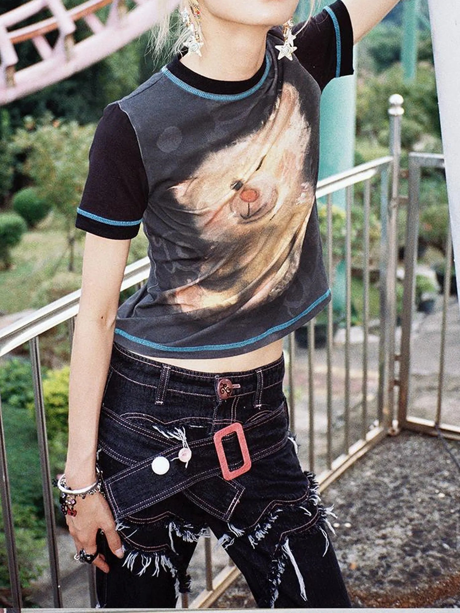 Vintage Bear Graphic Tee Distressed Print Washed Effect