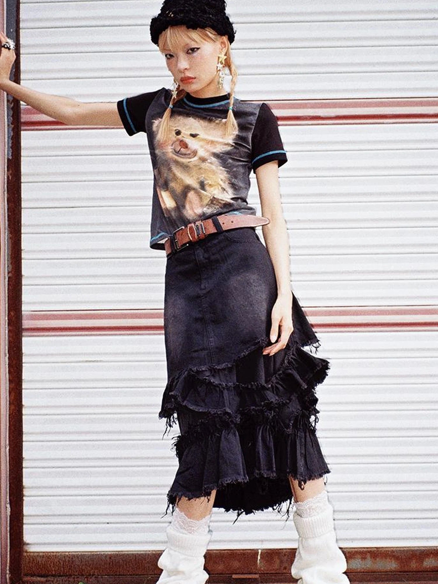 Vintage Bear Graphic Tee Distressed Print Washed Effect