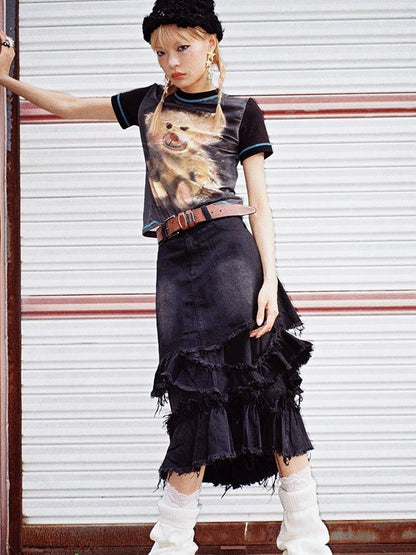 Vintage Bear Graphic Tee Distressed Print Washed Effect