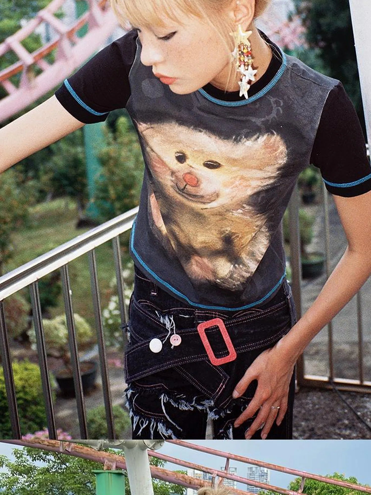 Vintage Bear Graphic Tee Distressed Print Washed Effect