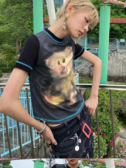 Vintage Bear Graphic Tee Distressed Print Washed Effect