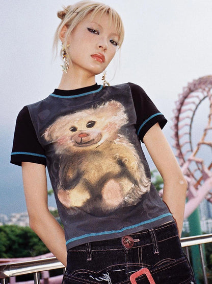 Vintage Bear Graphic Tee Distressed Print Washed Effect