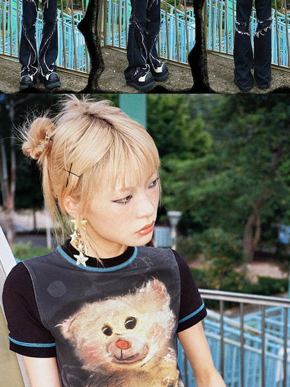 Vintage Bear Graphic Tee Distressed Print Washed Effect