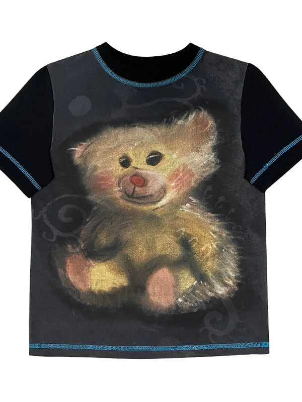 Vintage Bear Graphic Tee Distressed Print Washed Effect