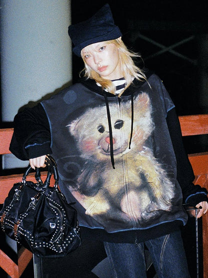 Vintage Bear Print Hooded Sweatshirt