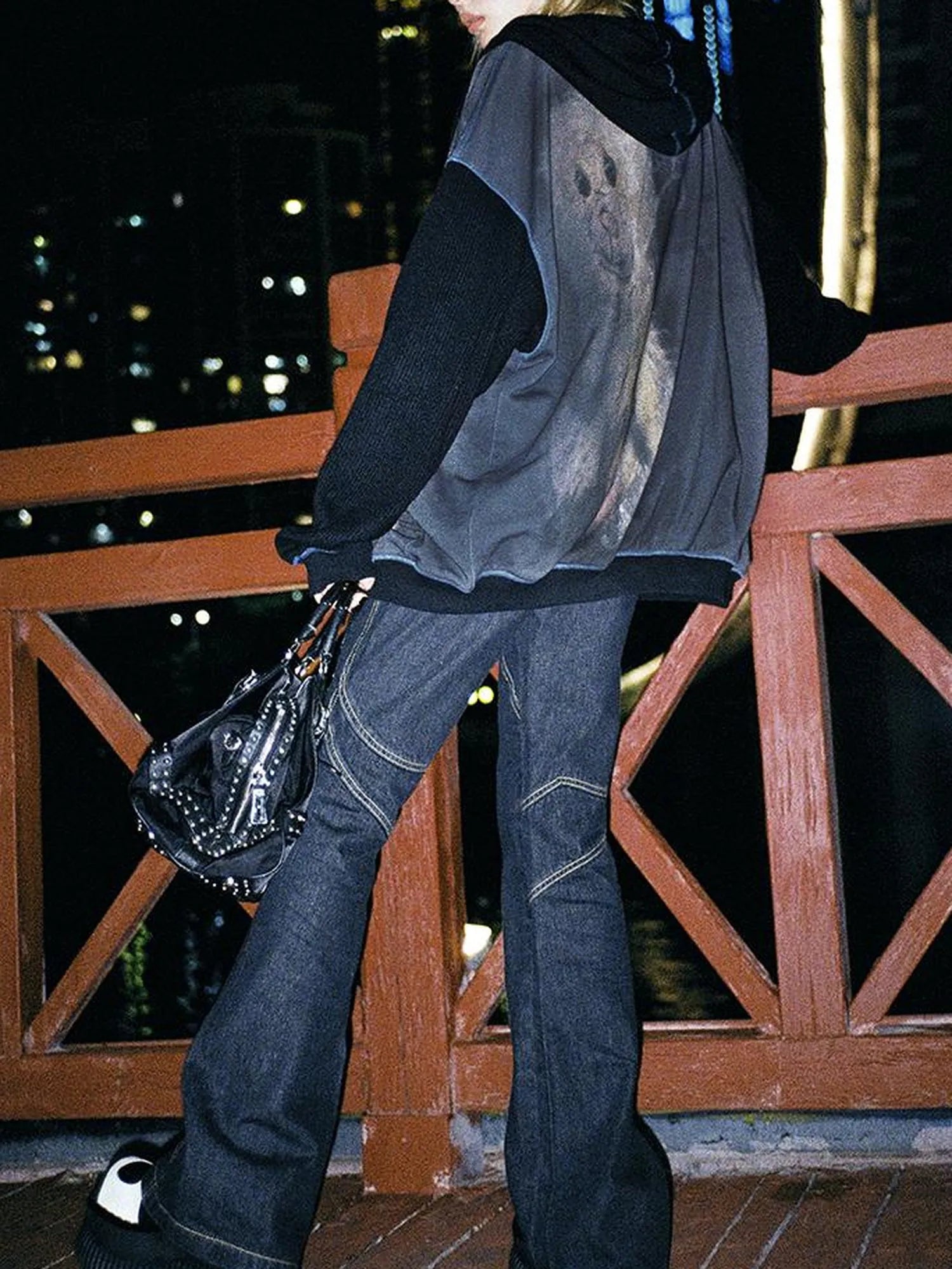 Vintage Bear Print Hooded Sweatshirt