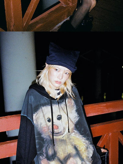 Vintage Bear Print Hooded Sweatshirt