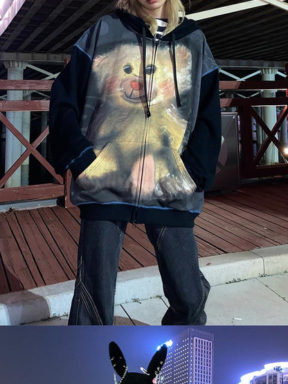 CFIERCE Vintage Bear Print Hooded Sweatshirt
