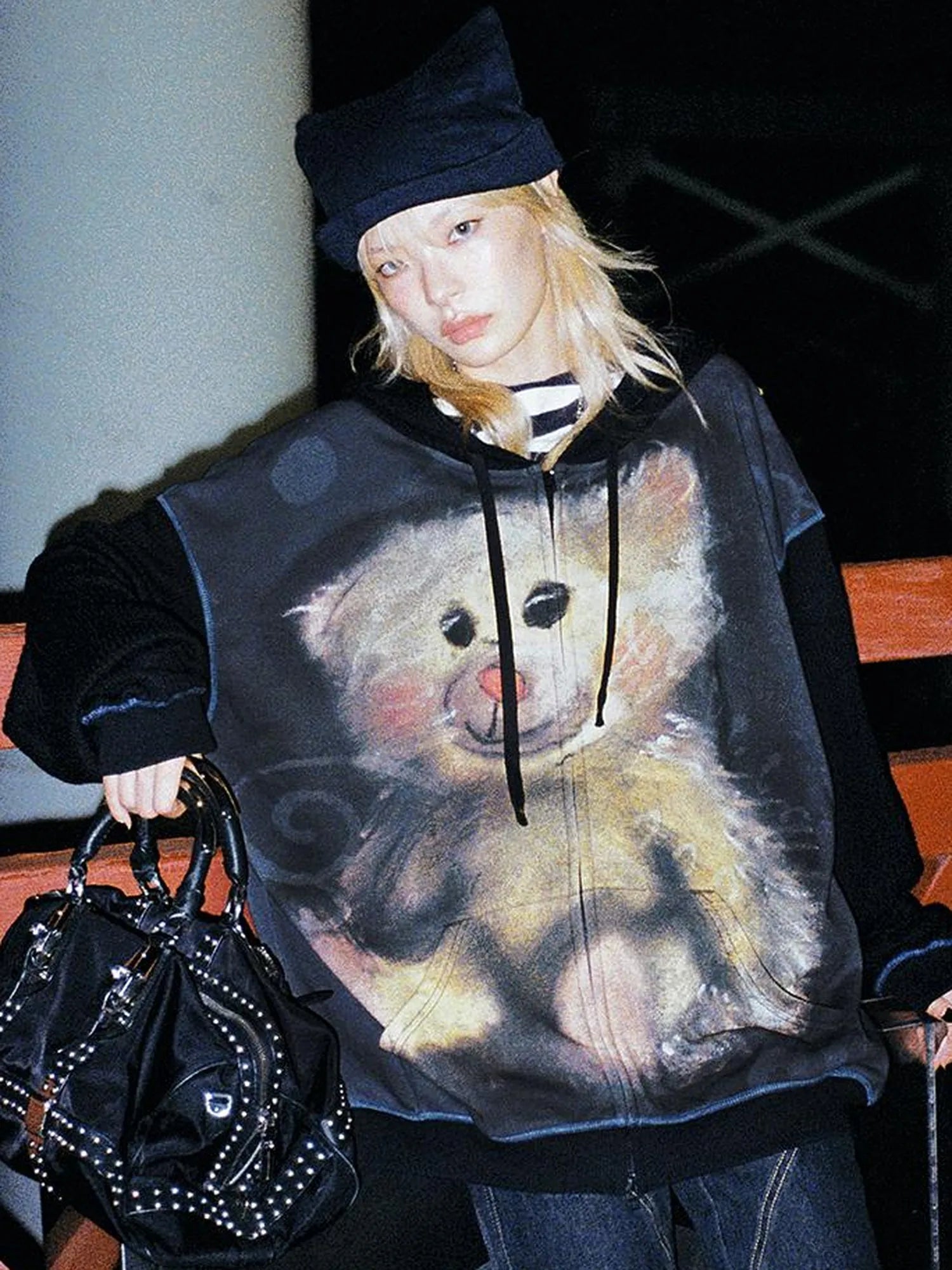 Vintage Bear Print Hooded Sweatshirt