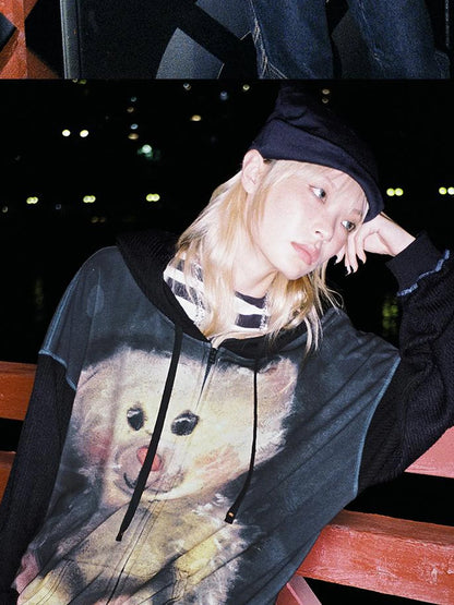 Vintage Bear Print Hooded Sweatshirt
