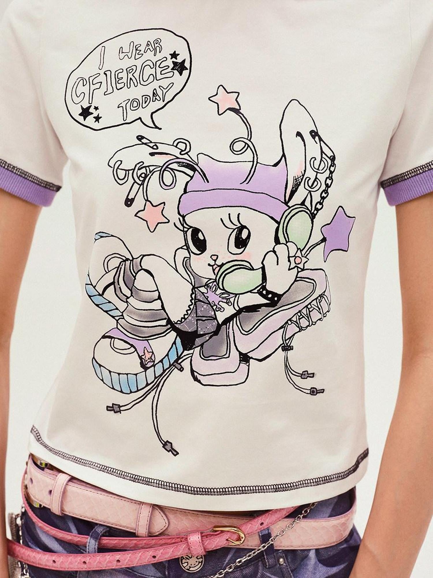 CFIERCE White Rabbit Sprite Print Slim Fit Crew Neck Women&