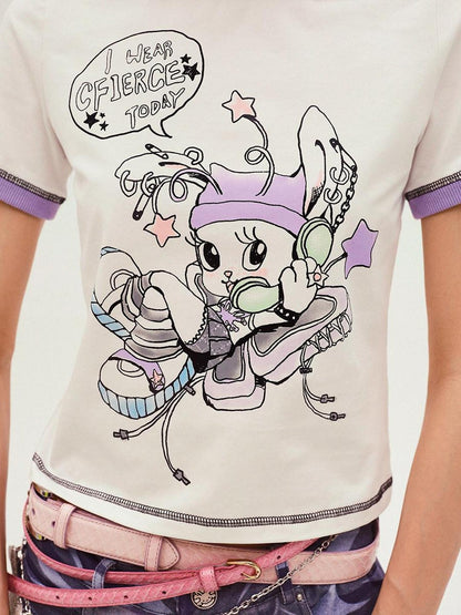 CFIERCE White Rabbit Sprite Print Slim Fit Crew Neck Women&