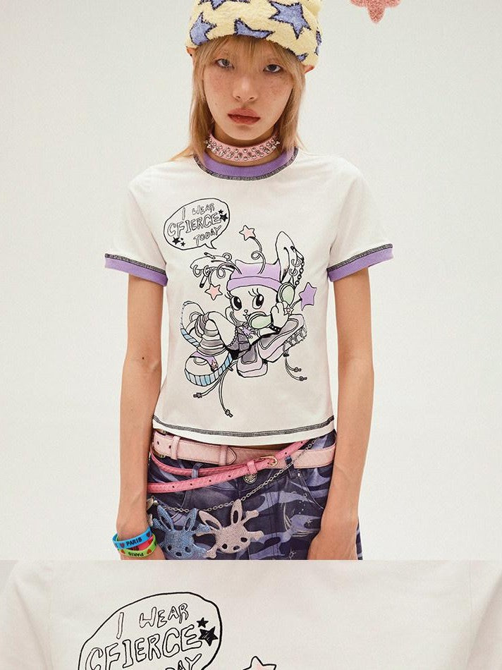 CFIERCE White Rabbit Sprite Print Slim Fit Crew Neck Women&