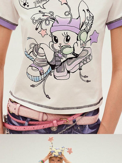 CFIERCE White Rabbit Sprite Print Slim Fit Crew Neck Women&