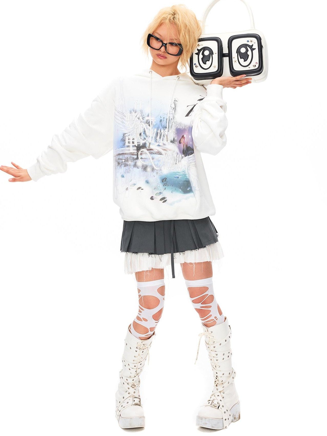 CFIERCE White Square Big Eye Print Single Strap Zip Closure Women&