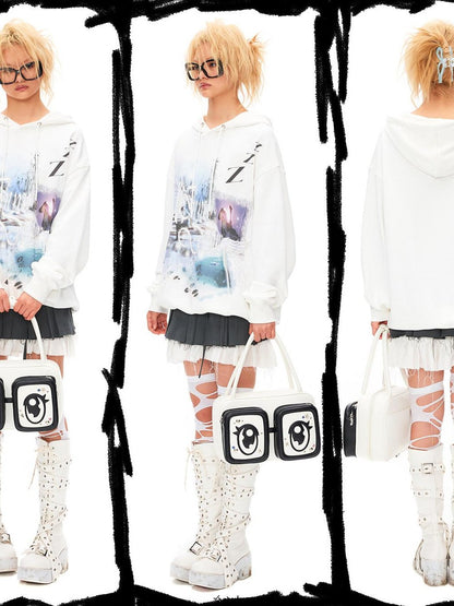 CFIERCE White Square Big Eye Print Single Strap Zip Closure Women&