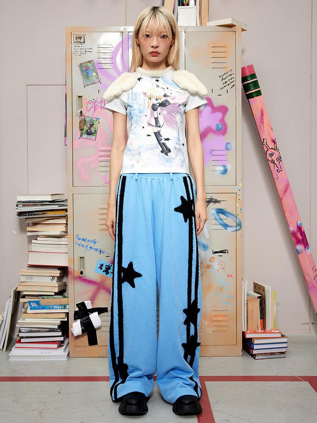 CFIERCE Wing Printed Angel Graphic Tee V-Neck T-Shirt Long-Sleeve