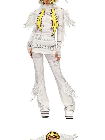 CFIERCE Winged Print Culottes With Angelic Skirt Detail