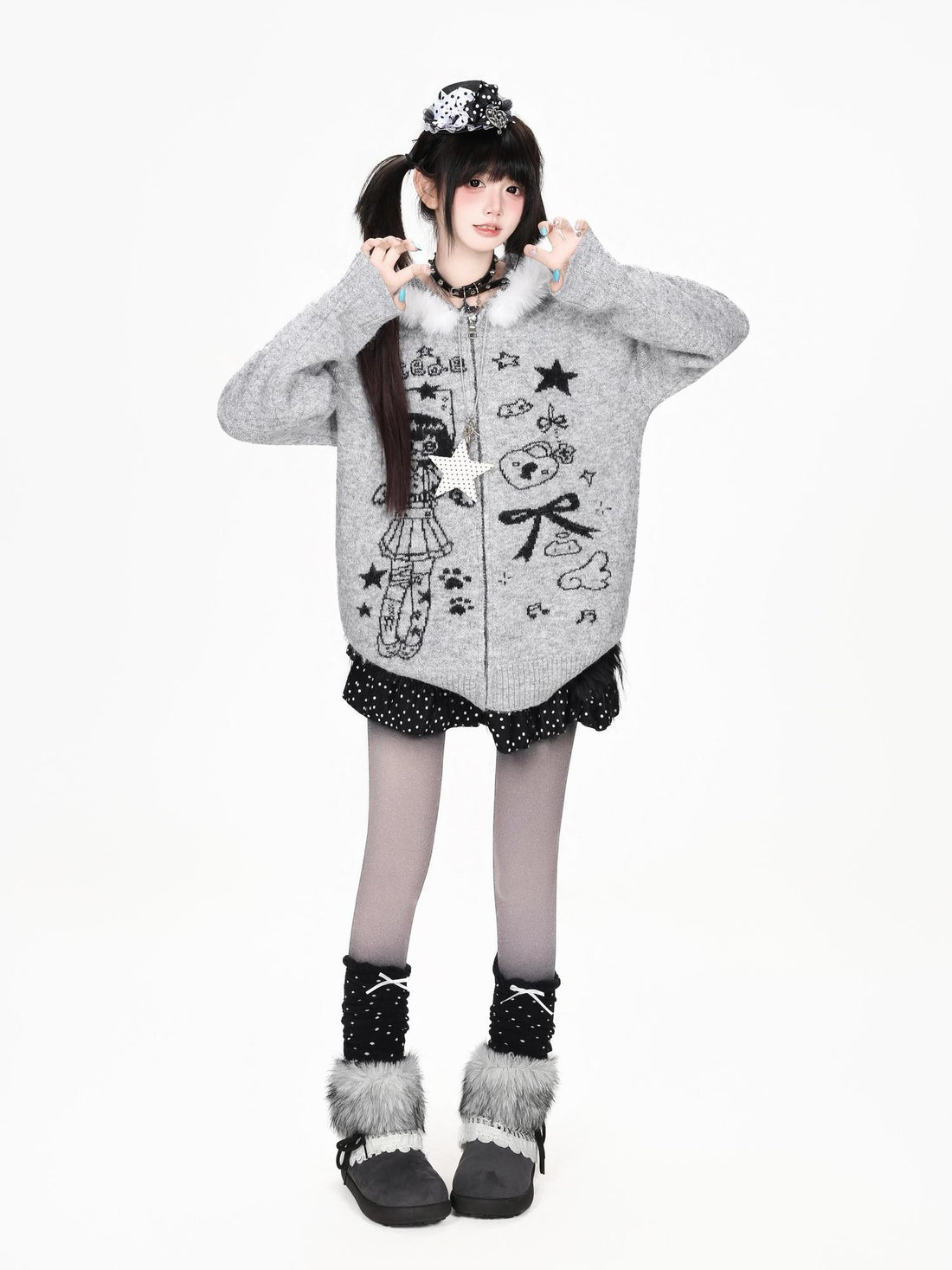 CRAZYGIRL Anime Girl Print Faux Fur Trim Sweet Loose Fit Women&