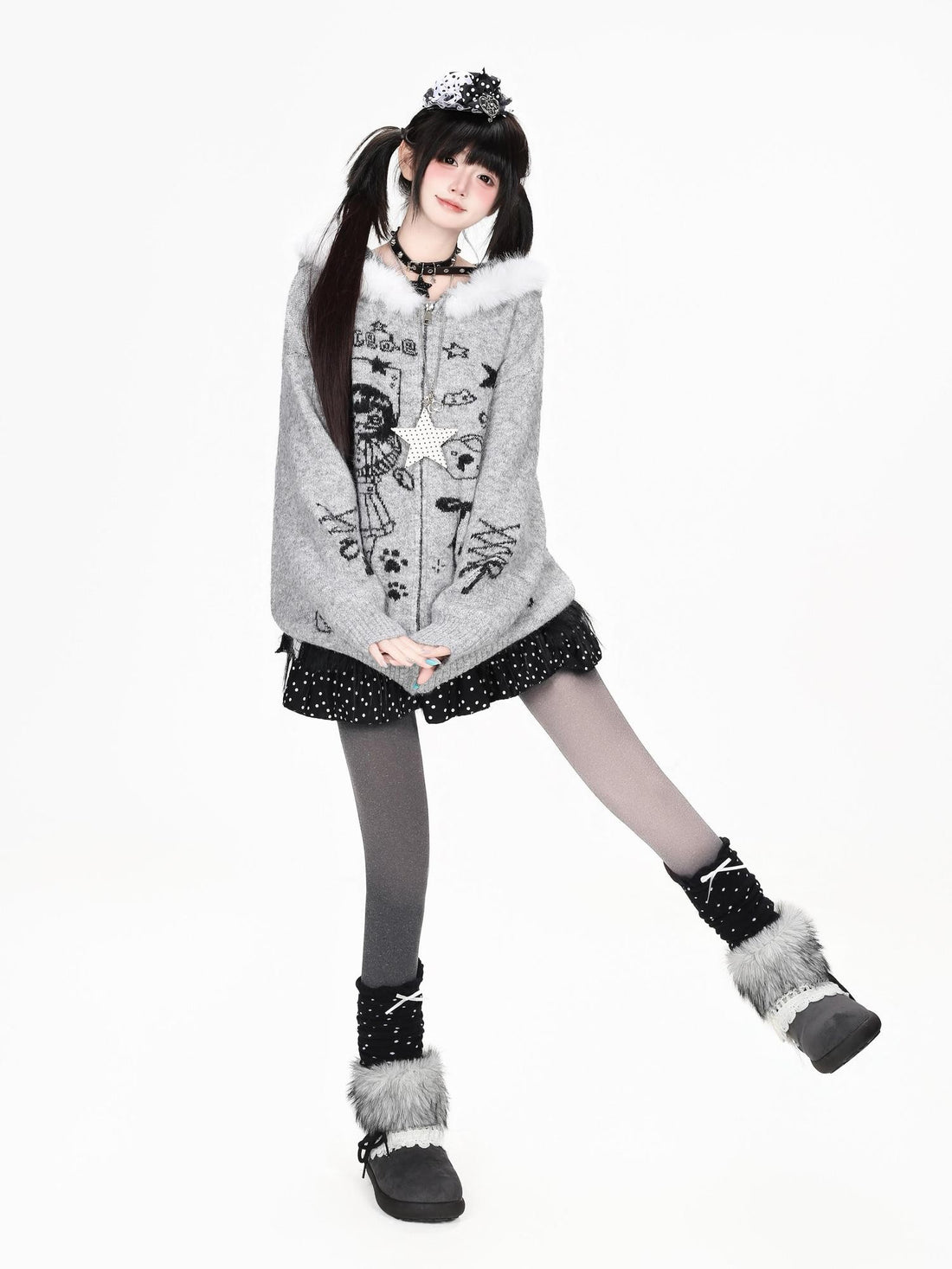 CRAZYGIRL Anime Girl Print Faux Fur Trim Sweet Loose Fit Women&