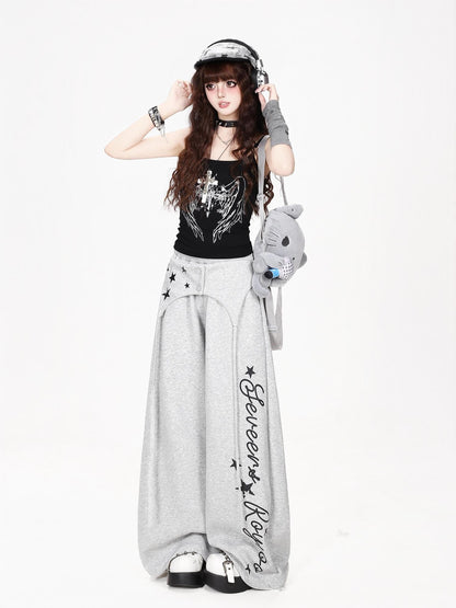 CRAZYGIRL Asymmetric High Waist Letter Print Loose Fit Women&